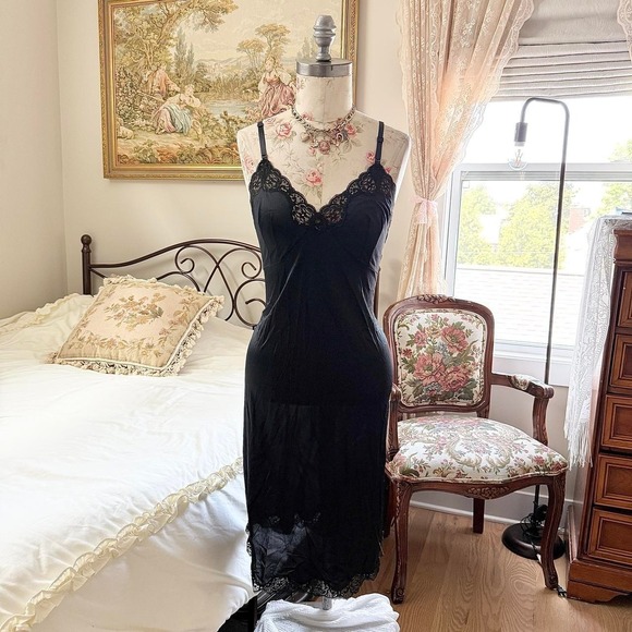 Dresses & Skirts - 90s French Maid size 40 black lace trim slip dress